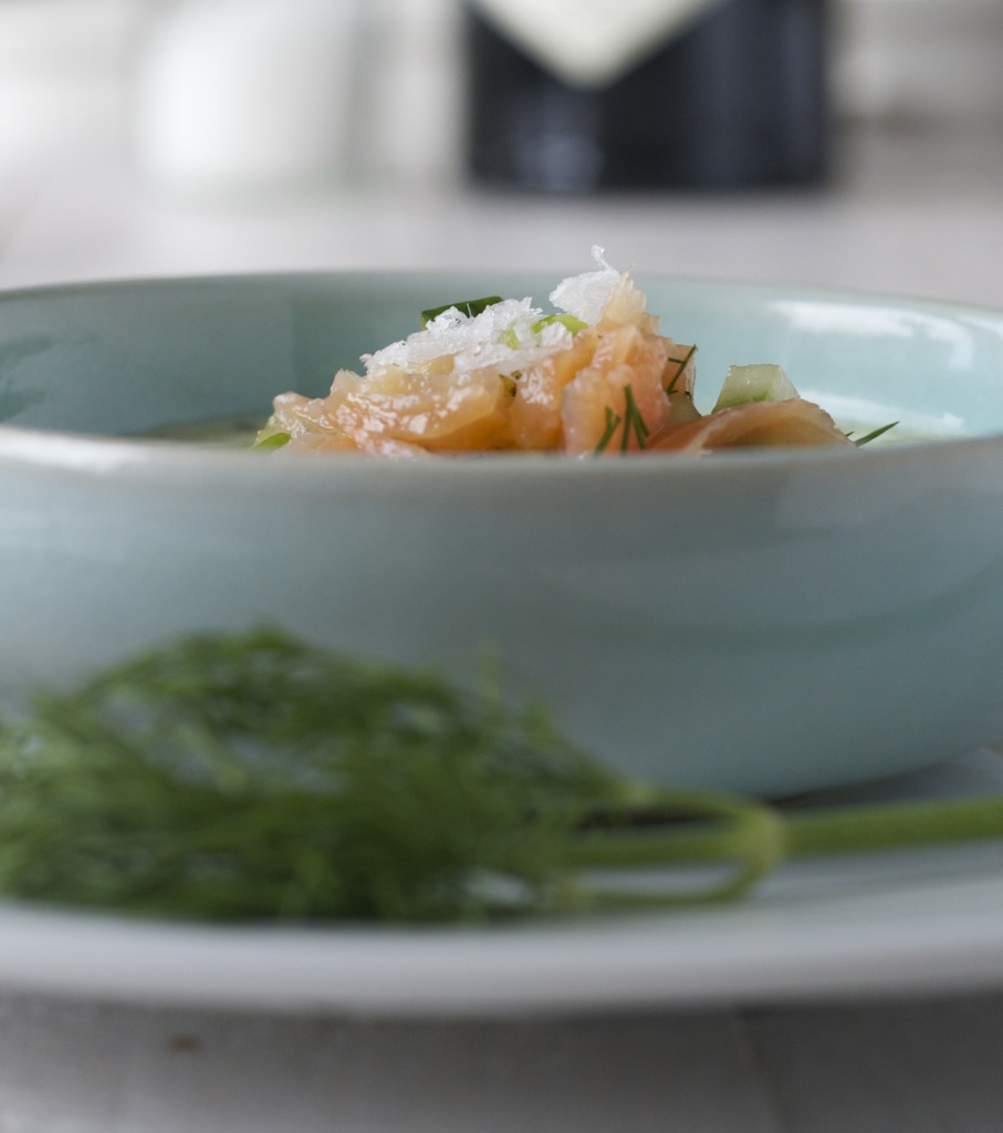 Gurkensuppe, kalt, mit Lachsstreifen und Ginsalz • cookingaffair.de